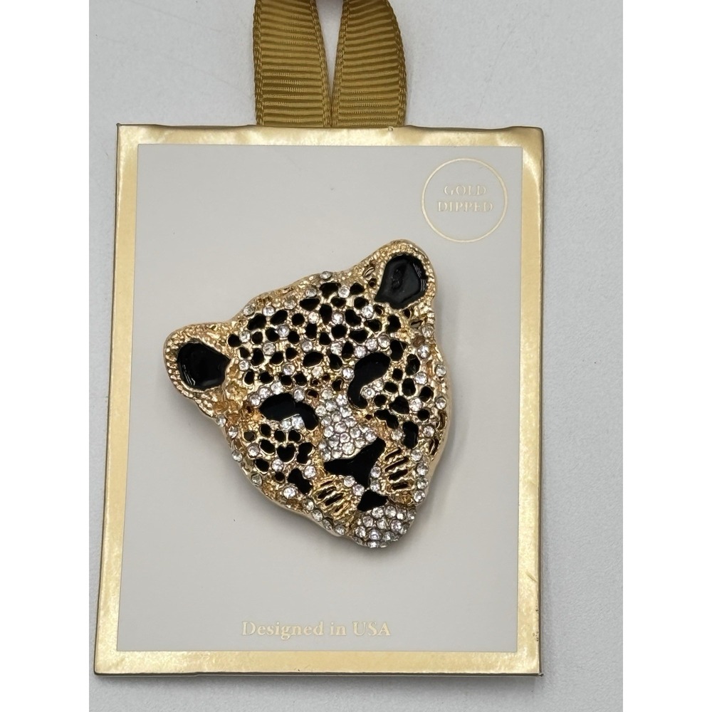 Gold Dipped Leopard Brooch Rhinestone Black Enamel Big Cat Statement Pin